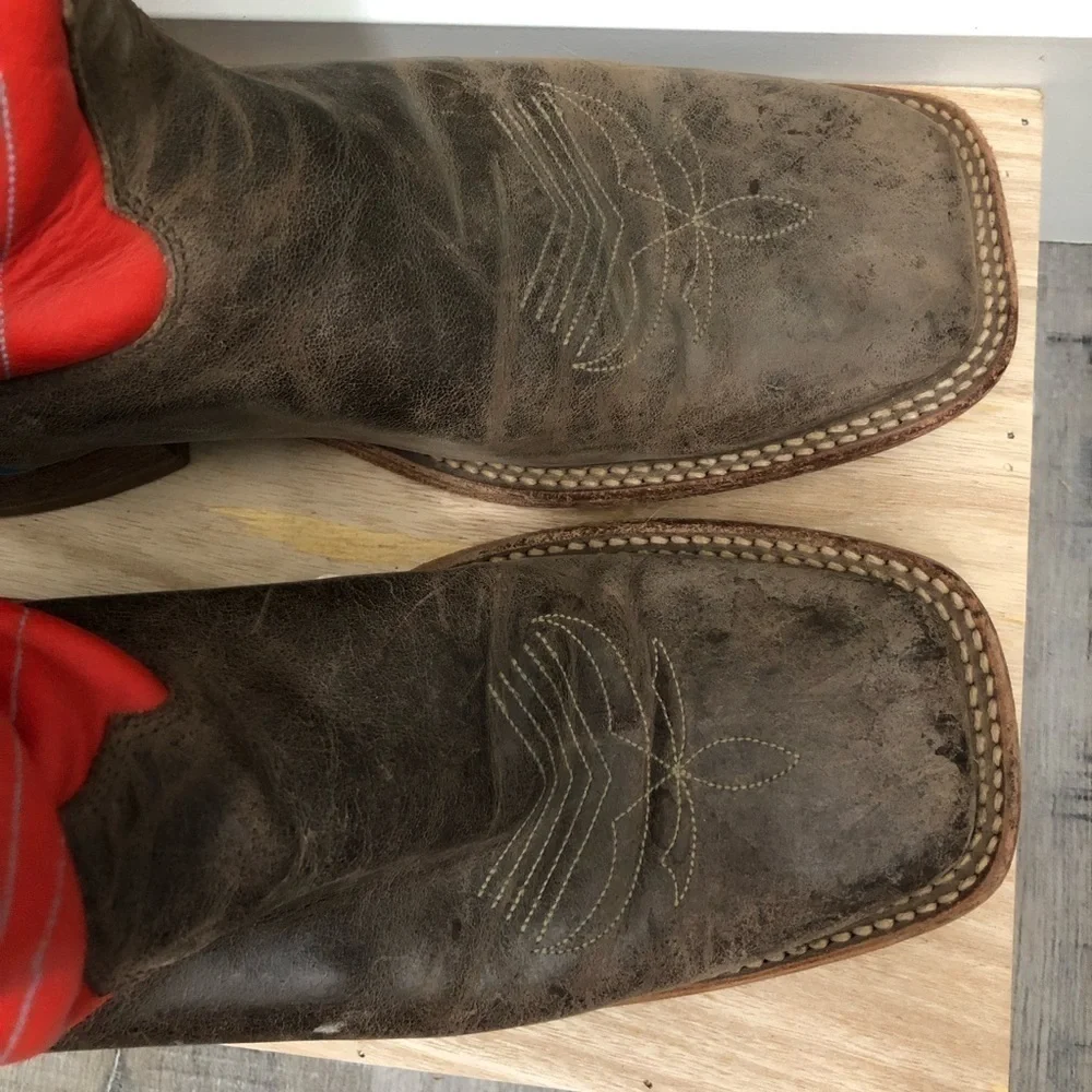 Justin Bent Rail Orange & Brown Leather‎ Square Toe Boots 8.5